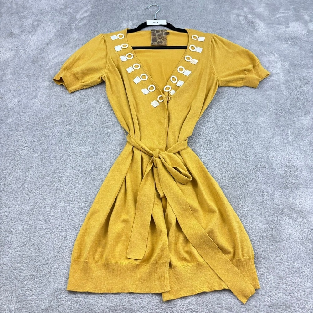 Twelve Layers Silk Blend‎ Cardigan Womens S Yellow Puff Sleeve Beaded 70s Disco